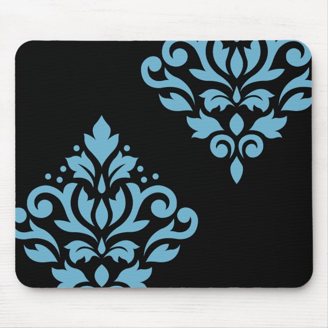 Scroll Damask Art I Blue on Black Mousepad (Vorne)