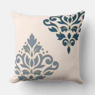 Scroll Damask Art I Blues Gold (line) Creme Kissen