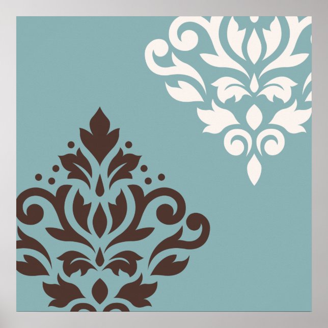 Scroll Damask Art I Brown Creme Aquamarin Poster (Vorne)