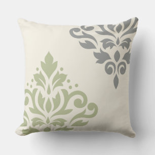 Scroll Damask Art I Green Grau Cream Kissen