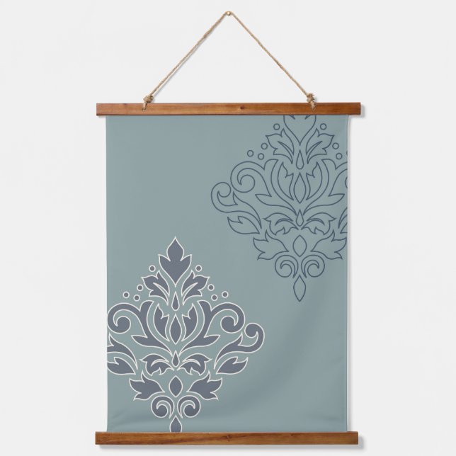 Scroll Damask Art I (Kontur) Creme Blues Aquamarin Wandteppich Mit Holzrahmen (Vorderseite)