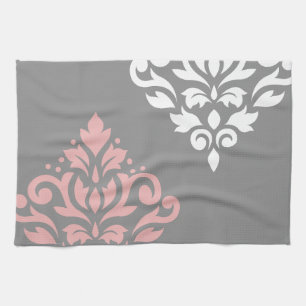 Scroll Damask Art I Pink White Grau Geschirrtuch