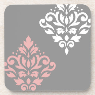Scroll Damask Art I Pink White Grau Getränkeuntersetzer