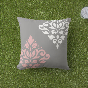 Scroll Damask Art I Pink White Grau Kissen