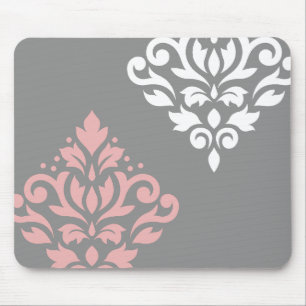 Scroll Damask Art I Pink White Grau Mousepad
