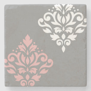 Scroll Damask Art I Pink White Grau Steinuntersetzer