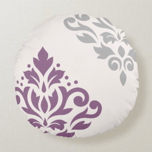 Scroll Damask Art I Plum & Grau auf Cream Rundes Kissen