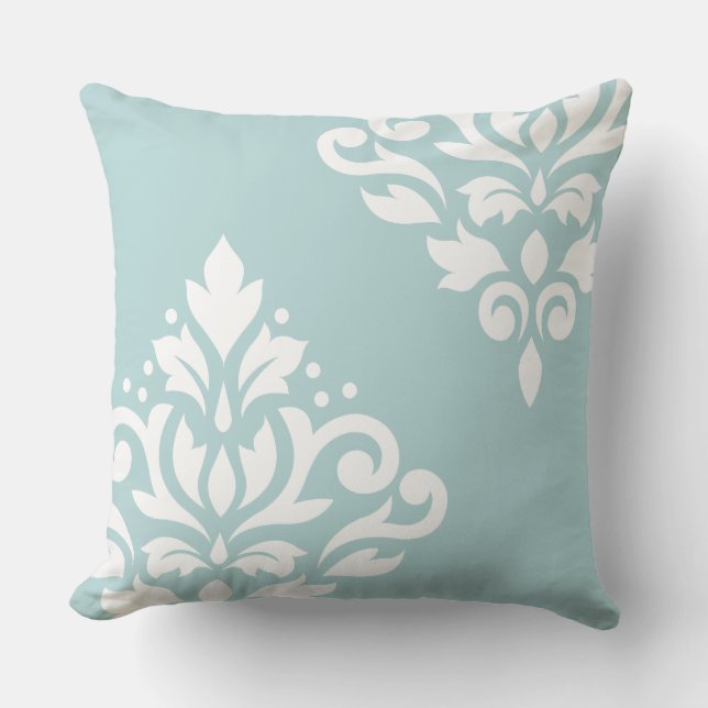 Scroll Damask Art I White on Duck Egg Blue (B) Kissen (Vorderseite)