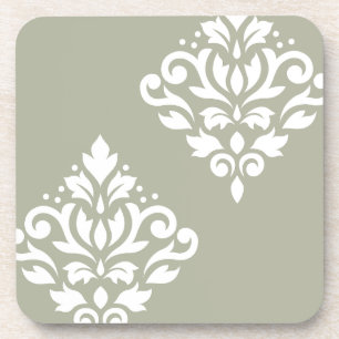 Scroll Damask Art I White on Green Getränkeuntersetzer