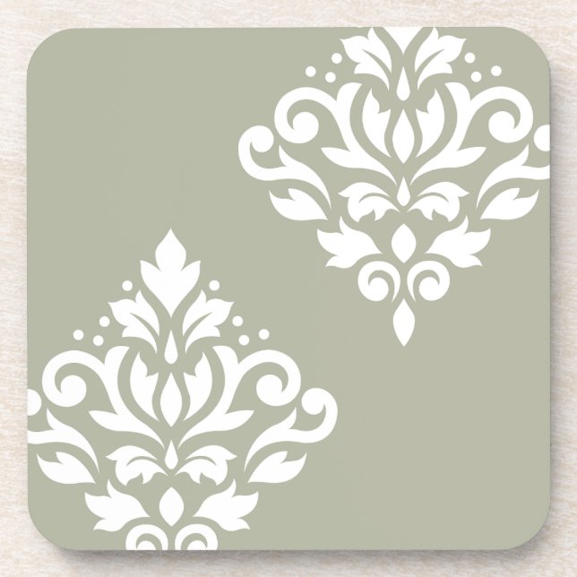 Scroll Damask Art I White on Green Getränkeuntersetzer (Vorderseite)