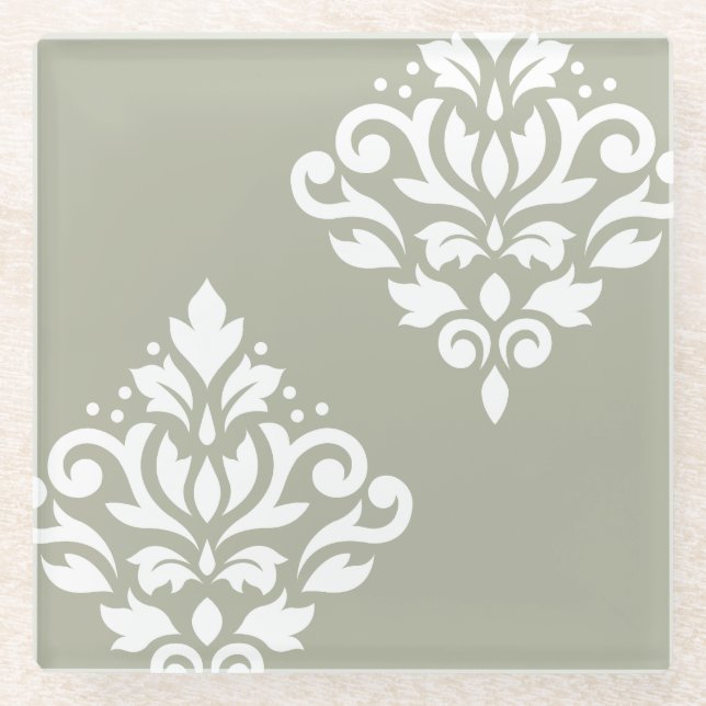 Scroll Damask Art I White on Green Glasuntersetzer (Vorderseite)