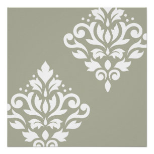 Scroll Damask Art I White on Green Poster