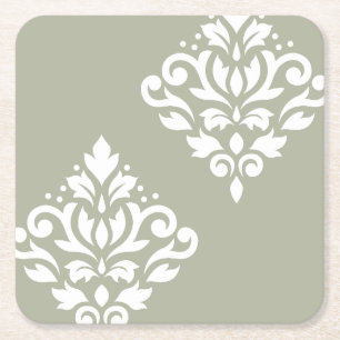 Scroll Damask Art I White on Green Rechteckiger Pappuntersetzer