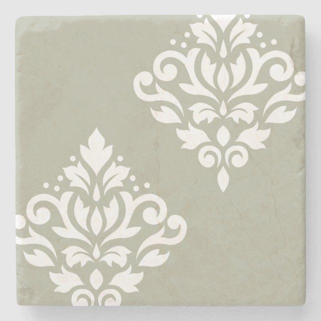 Scroll Damask Art I White on Green Steinuntersetzer (Vorderseite)