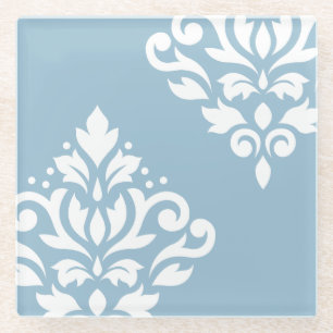 Scroll Damask Art I White on Light Blue Glasuntersetzer