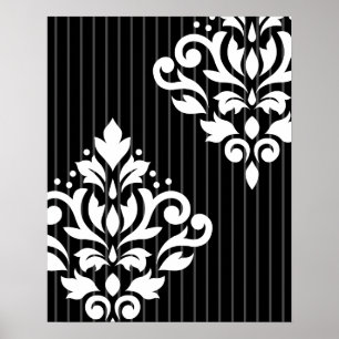 Scroll Damask Art I White über graue Streifen und  Poster