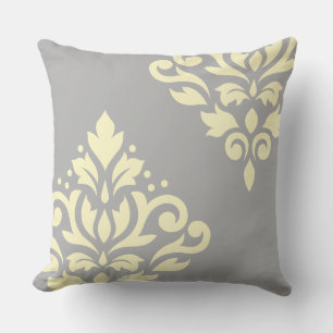 Scroll Damask Art I Yellow on Grau Kissen