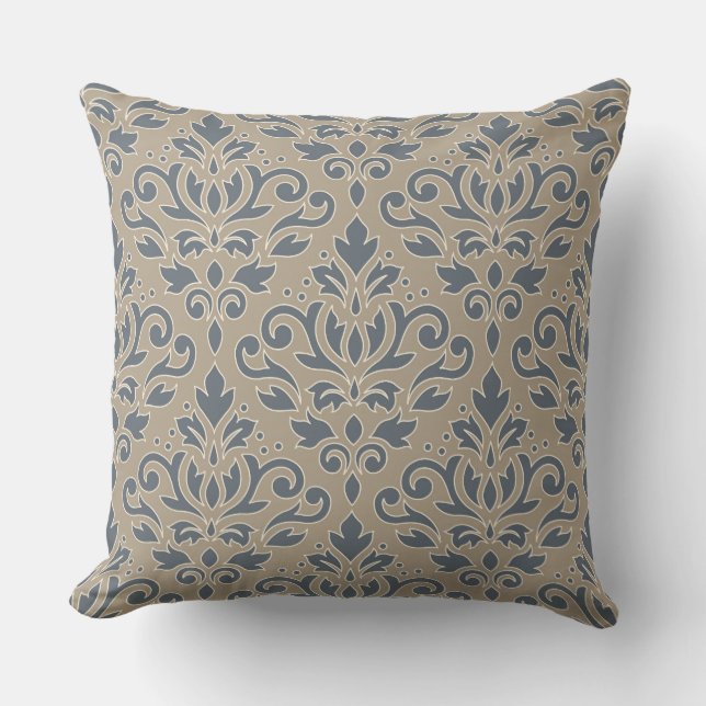 Scroll Damask Big Pattern Creme Line Blue Sand Kissen (Vorderseite)