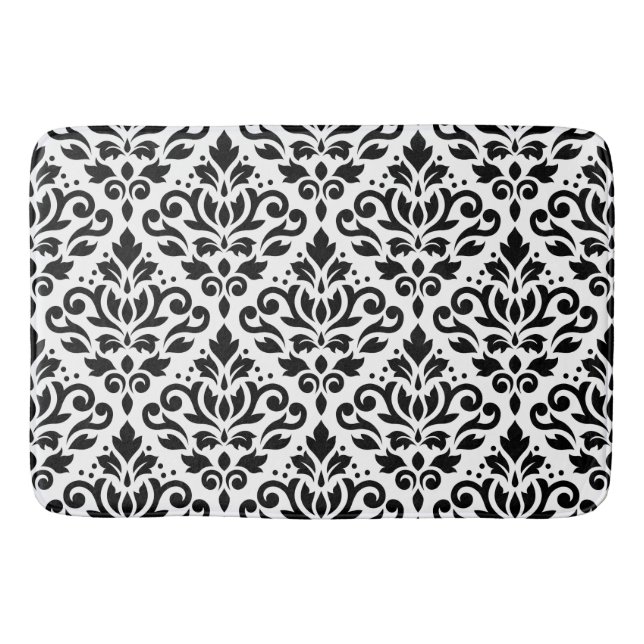 Scroll Damask Big Pattern Schwarz auf Weiß Badematte (Vorderseite)