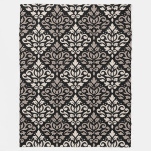 Scroll Damask Big Pattern Taupe Black Fleecedecke
