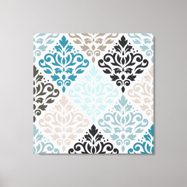 Scroll Damask Big Pattern Teals Browns White Leinwanddruck (Vorderseite)