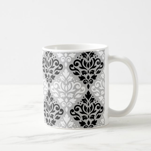 Scroll Damask Big Ptn B&W auf Grau Tasse (Rechts)