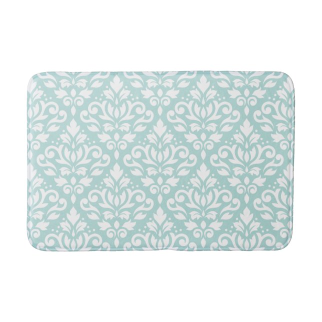 Scroll Damask Big Ptn White auf Lt Aquamarin Badematte (Vorderseite)