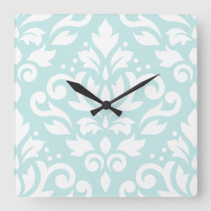 Scroll Damask großes Design Weiß auf Entenei Blau Quadratische Wanduhr