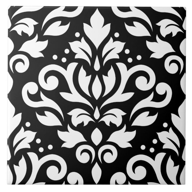 Scroll-Damask großes Design weiß auf schwarz Fliese (Vorderseite)