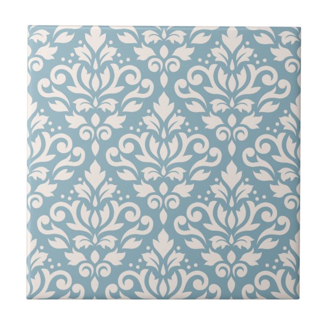Scroll-Damask großes Muster Creme auf Blau Fliese (Vorderseite)