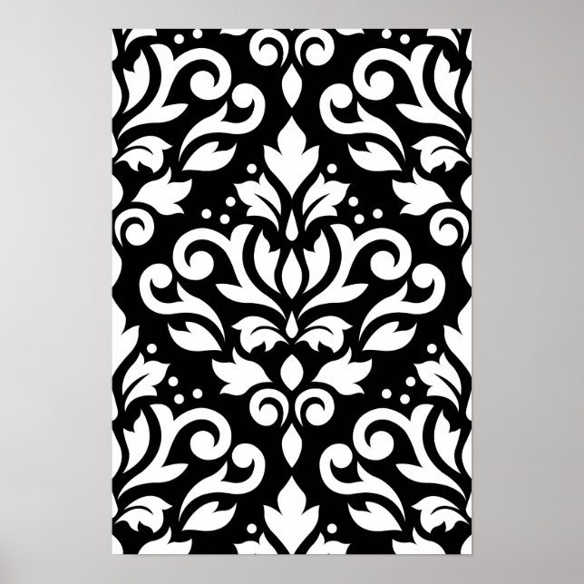 Scroll Damask Grosses Muster Weiß auf Schwarz Poster (Vorne)