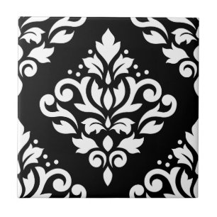 Scroll Damask Großmuster (B) Weiß auf Schwarz Fliese