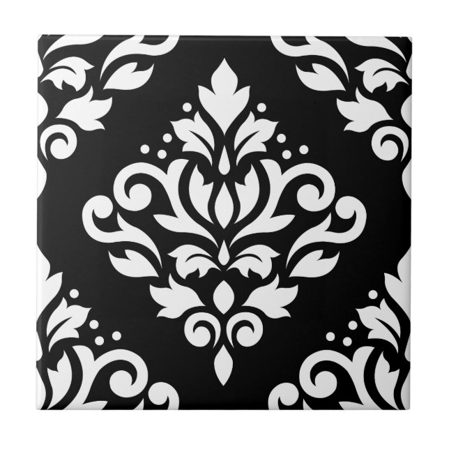 Scroll Damask Großmuster (B) Weiß auf Schwarz Fliese (Vorderseite)