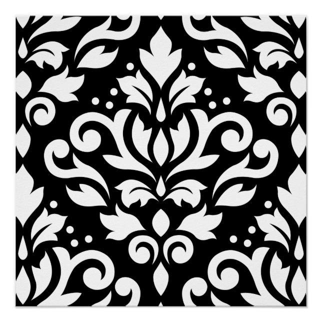 Scroll-Damask Großmuster Weiß auf Schwarz Poster (Vorderseite)