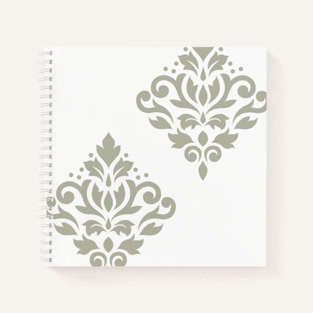 Scroll-Damask-Kunst I Grün auf Weiß Notizbuch (Vorderseite)