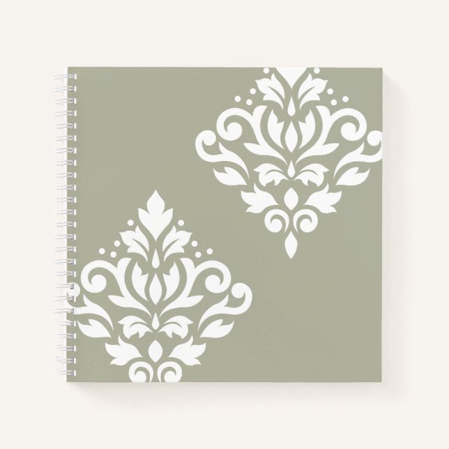 Scroll-Damask-Kunst I Weiß auf Grün Notizbuch (Vorderseite)