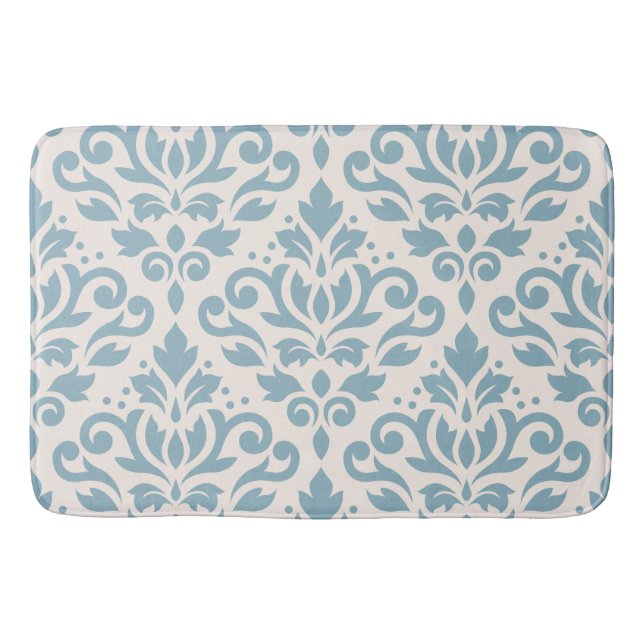 Scroll Damask Large Pattern Blue auf Creme Badematte (Vorderseite)