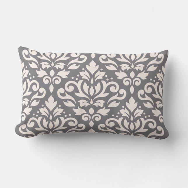 Scroll Damask Large Pattern Creme on Gray Lendenkissen (Vorderseite)