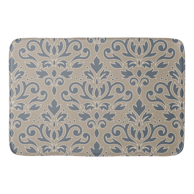 Scroll Damask Lg Muster Creme Line Blue Sand Badematte (Vorderseite)