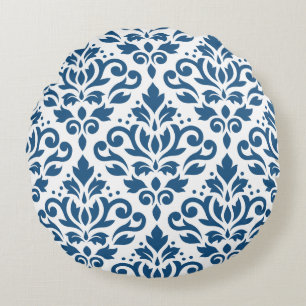Scroll Damask Lg Ptn Dk Blue auf Weiß Rundes Kissen