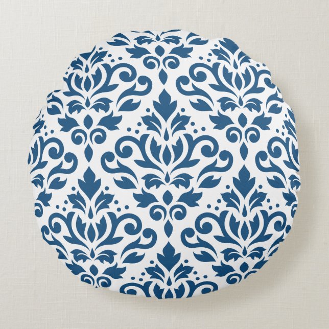 Scroll Damask Lg Ptn Dk Blue auf Weiß Rundes Kissen (Vorderseite)