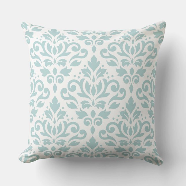 Scroll Damask Lg Ptn Duck Egg Blue (B) auf Weiß Kissen (Vorderseite)