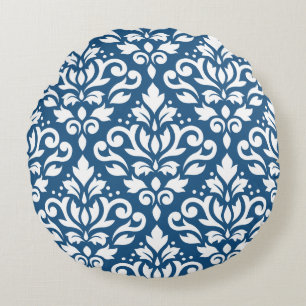 Scroll Damask Lg Ptn White auf Dk Blue Rundes Kissen