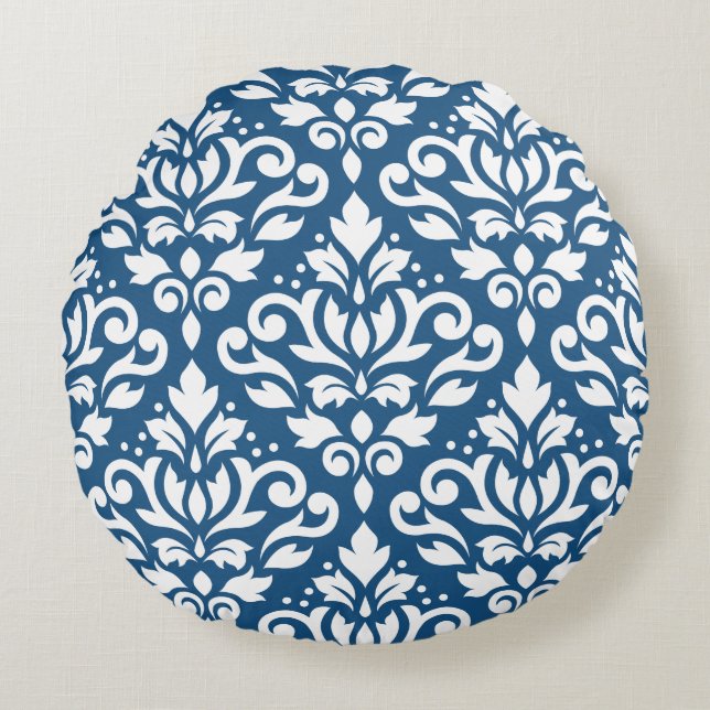 Scroll Damask Lg Ptn White auf Dk Blue Rundes Kissen (Vorderseite)