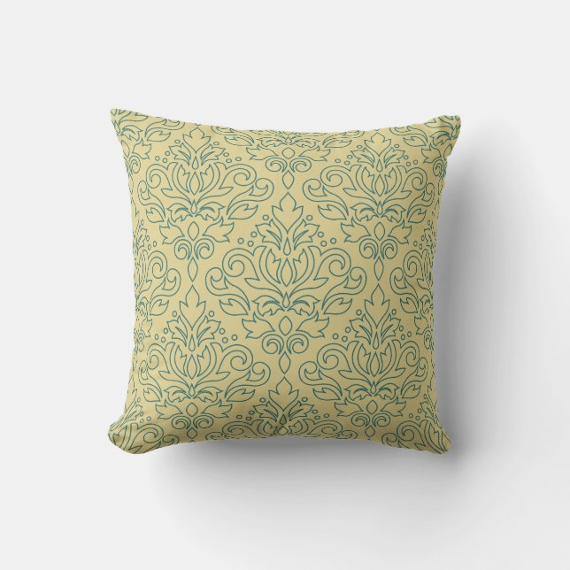 Scroll Damask Line Big Pattern Aquamarin auf Gold Kissen (Vorderseite)