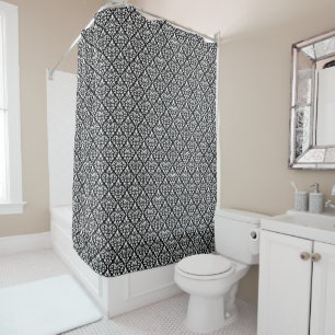 Scroll Damask Mini Muster Weiß auf Schwarz Duschvorhang