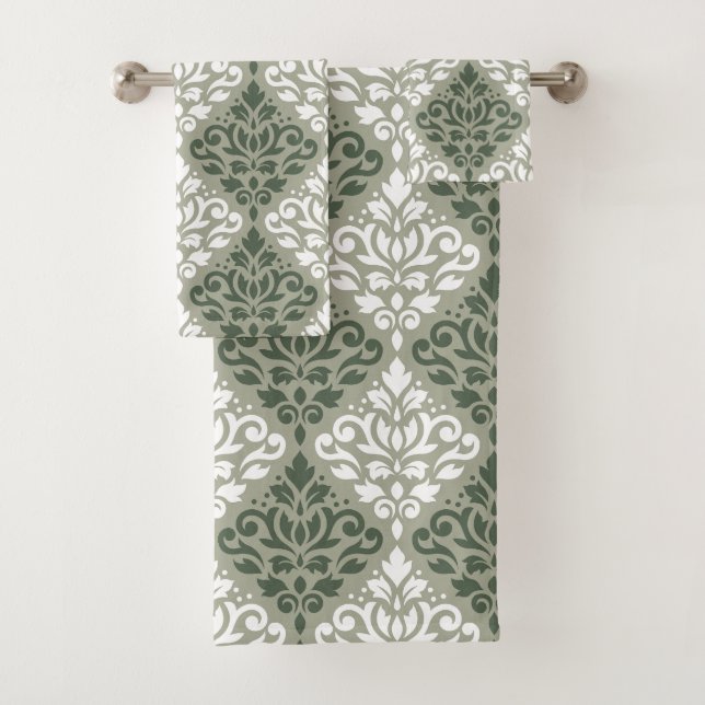 Scroll Damask Mixed Pattern Green Lt Green Badhandtuch Set (Insitu)