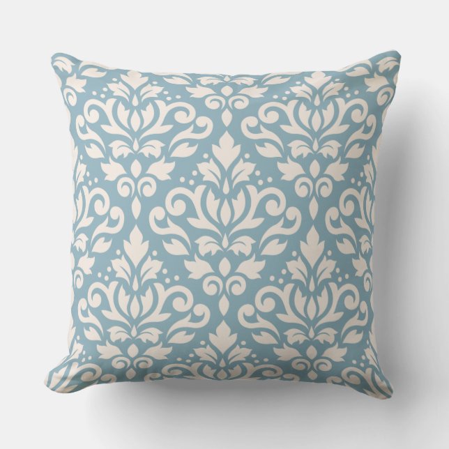 Scroll Damask Muster Creme auf blau Kissen (Vorderseite)