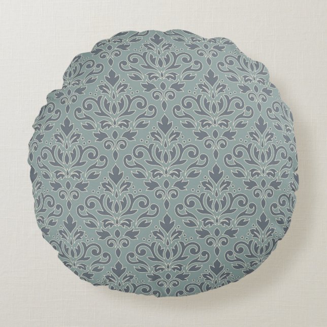 Scroll Damask Muster (Kontur) Creme Blues Aquamari Rundes Kissen (Vorderseite)