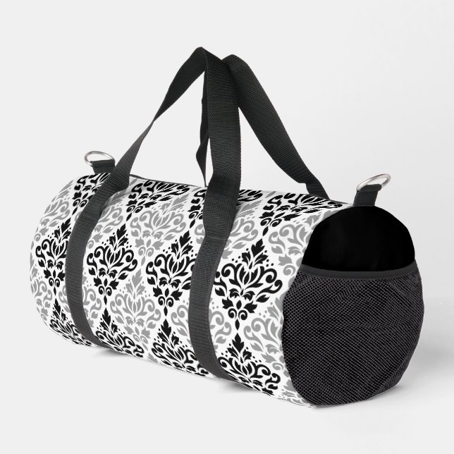 Scroll Damask Muster Schwarz Grau Weiß Duffle Bag (Rechte Ecke)